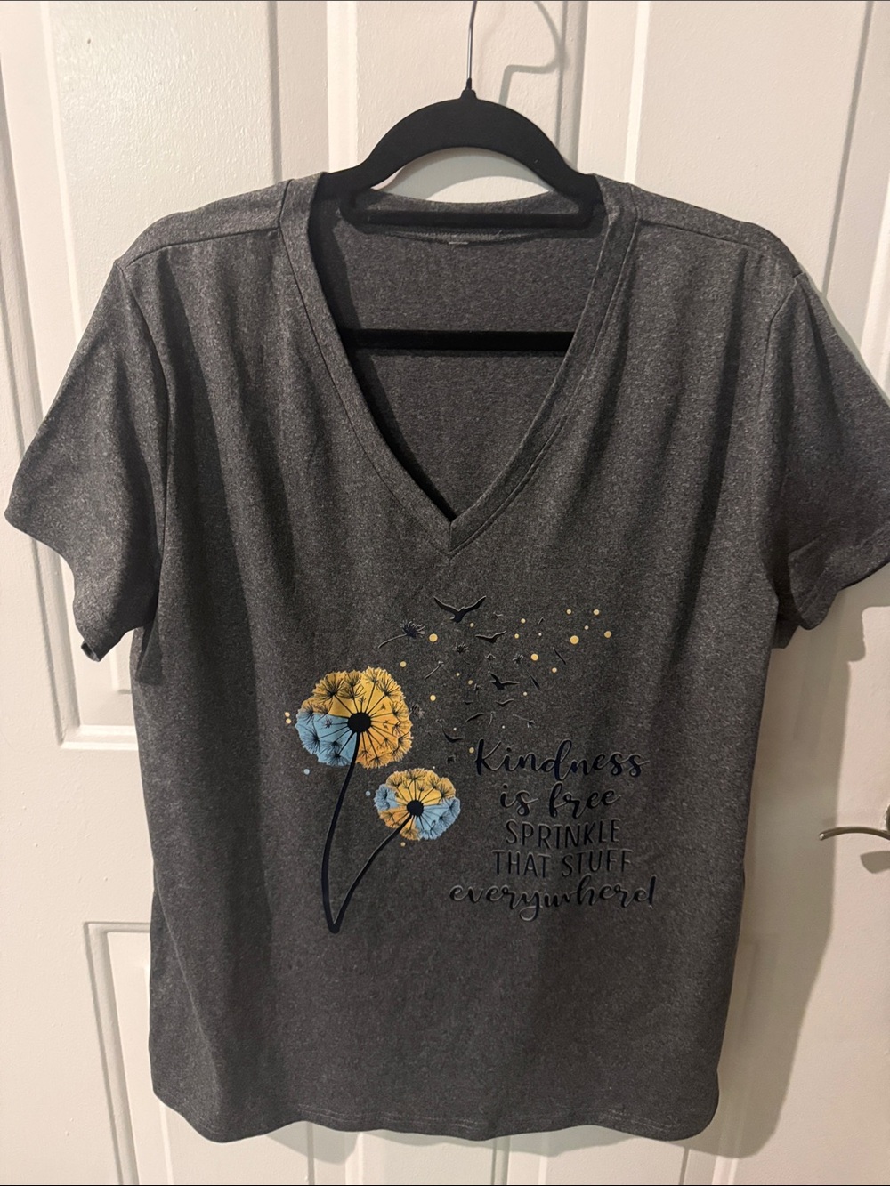Gray V-Neck Tee with Yellow & Blue Dandelion Graphic New